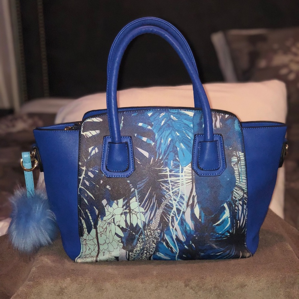 Blue Floral Print Medium Size Satchel Handbag